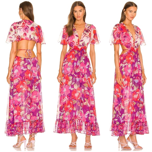 MISA Calista Dress Lilac Coming Up Roses Pink Floral Chiffon Maxi Dress SMALL - Picture 1 of 11